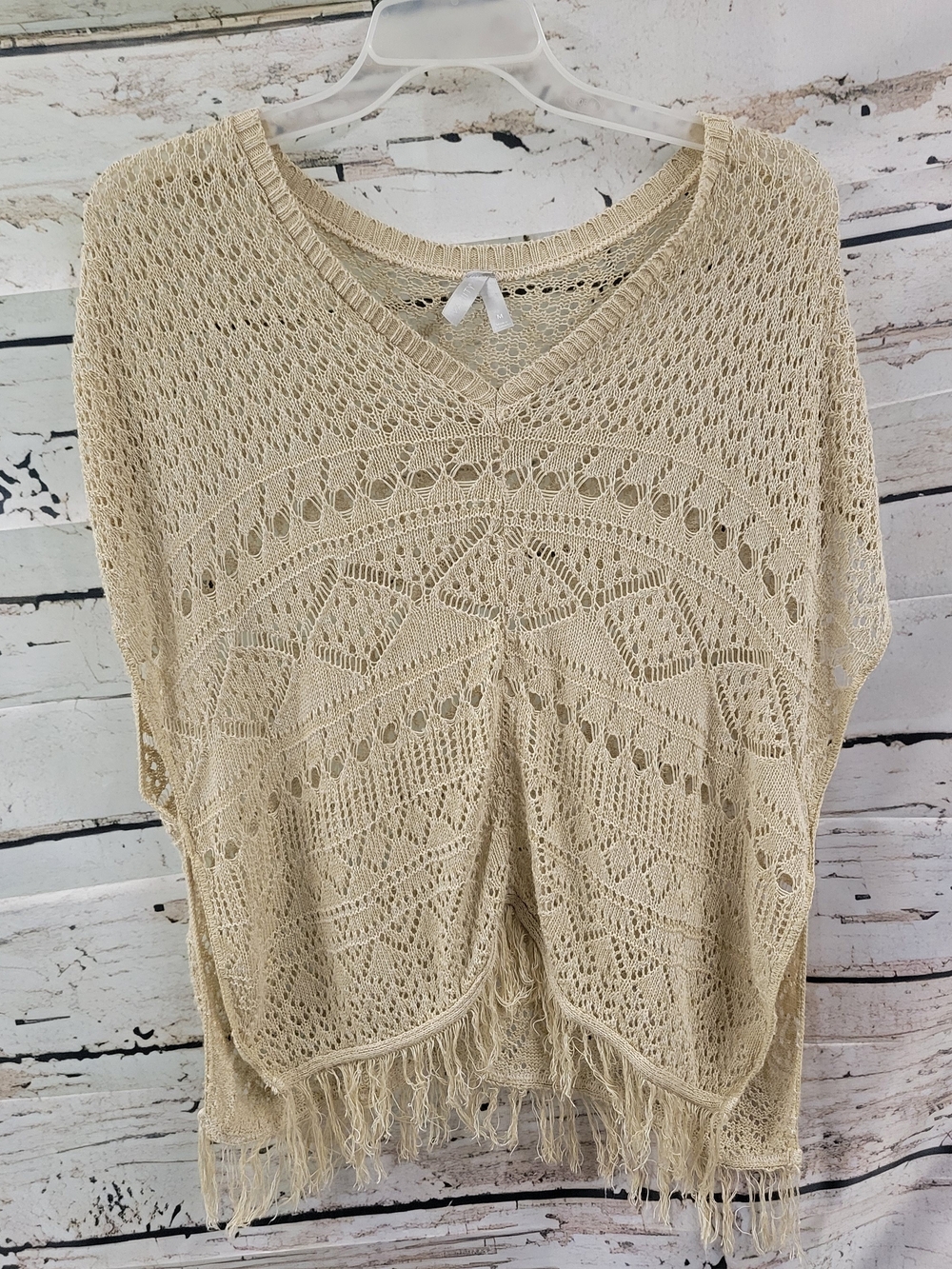 Vanity Cream Crochet Fringe Poncho Sweater Size M Boho Festival Beach